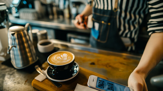 Close-up of a person using a smartphone to scan a QR code for payment at a trendy coffee shop.