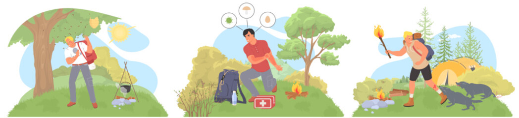Traveler needs of emergency help in camping vector illustration. Adventurer attacked by swarm of insects and wild aggressive wolves, suffering from allergy symptoms scene set