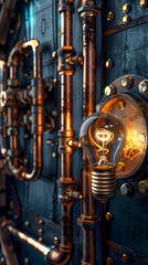 Vintage light bulb surrounded by metal and steampunk elements