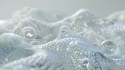 Water bubble cleanse Macro fabric fiber of cloth, 3d rendering. 3D empty water ball remove stain. Water bubble deep cleaning shirt