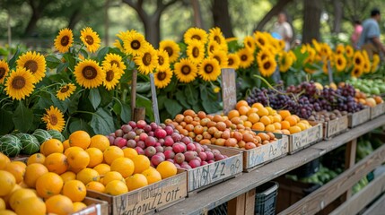 Sunlit Abundance: Vibrant Fruits and Flowers at a Bustling Market Stall. Generative AI