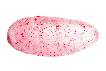 A smear of cream with pink or red granules on a blank background
