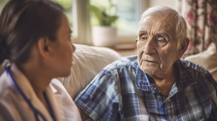 Compassionate Hospice Nurse Visiting Elderly Male Patient Receiving Palliative Care at Home, Providing Comfort and Support