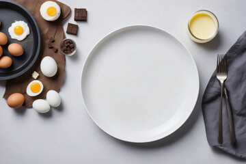 Cake theme with a selection of cake essentials such as oil, butter, chocolate, sugar, eggs and flour