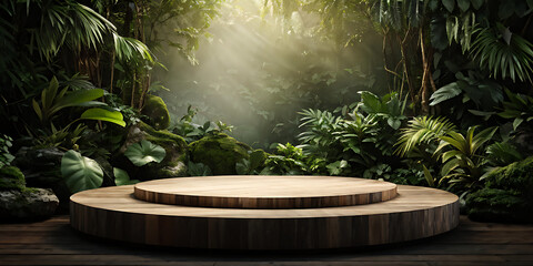 Podium background product forest green display platform wood stone 3d garden rock. Product podium jungle background stage leaf cosmetic nature scene stand presentation mockup tree pedestal plant eco