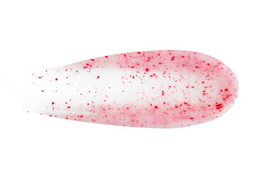 A smear of cream with pink or red granules on a blank background