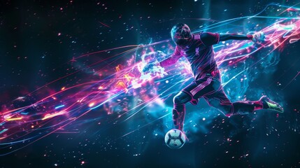 Neon Futuristic Soccer Player Kicking Ball - Generative AI