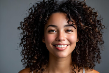 Close-up of beautiful young woman in studio. Female with curly hair smiling at camera