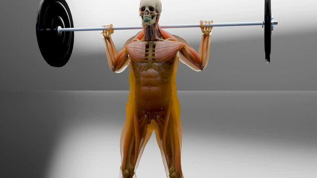 Barbell parallel Squat Exercise. Bodybuilding gym exercising, High Bar Olympic Squat, male workout for losing weight, lose Fat belly, fat burn process. Obesity,  human anatomy, Anatomical 3d render