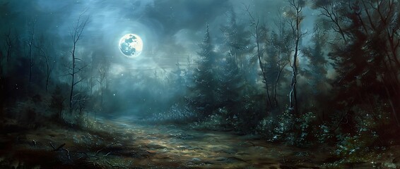 Moonlit forest path the trees casting eerie shadows and the path lit by the soft glow of the moon