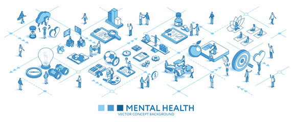 Mental health isometric seamless pattern. Psychotherapy, yoga line 3d icons, people characters, arrows. Vector background teamwork concept illustration. Wellness journey, work life balance infograph