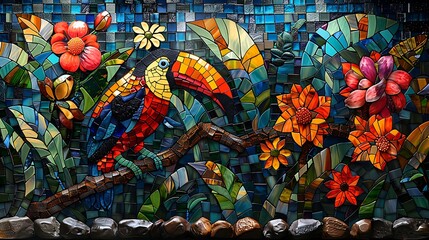 Fototapeta premium A stained glass mosaic depicting a rainforest, lush green foliage, colorful animals, intricate details, capturing the beauty of the jungle, vibrant and detailed, hd quality, natural look --ar 16:9 --v