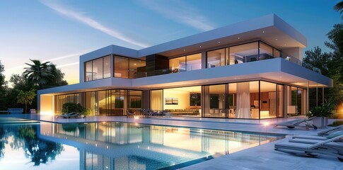 Fototapeta premium Modern villa style house with a pool in backyard. Luxury living with modern fusion architecture.
