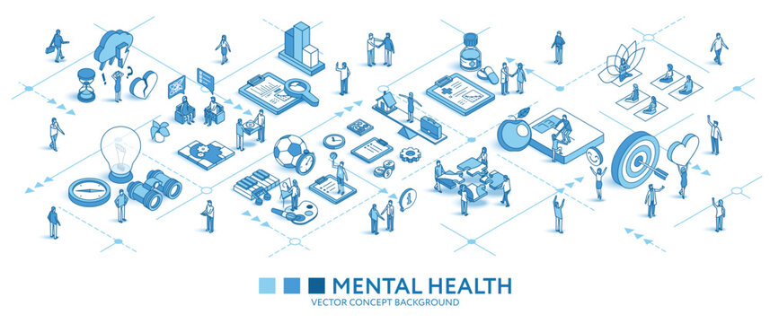 Mental health isometric seamless pattern. Psychotherapy, yoga line 3d icons, people characters, arrows. Vector background teamwork concept illustration. Wellness journey, work life balance infograph