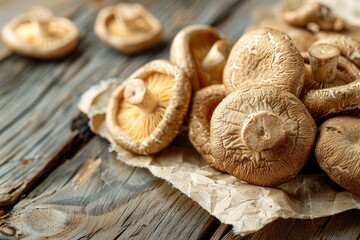 Fresh shiitake mushrooms on rustic wooden table.