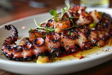 Gourmet octopus dish artfully presented on a plate with herbs and sauces at a fine dining establishment