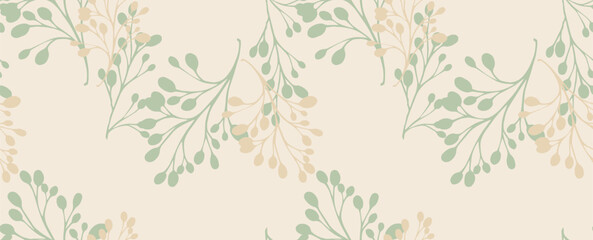 Pastel minimalist pattern with green abstract shapes branches on a light beige background. Vector hand drawing sketch. Plain unique  floral stems intertwined in a seamless print. Design