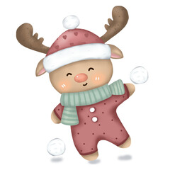 Cute reindeer cartoon character happily playing in the snow on transparent background.