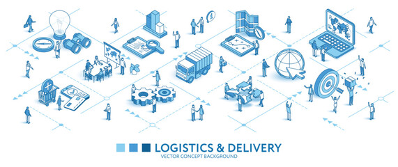 Global Logistics, delivery isometric seamless pattern. Line 3d icon, people character, arrows. Distribution, business infograph. Vector background teamwork concept illustration. Import, export journey