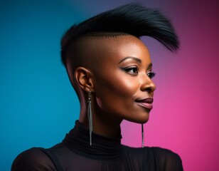 studio portrait of a black woman with short hair on pink and blue background	