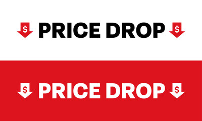 Price drop sale with arrow icon. Red and white