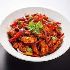 Fototapeta premium Spicy Chilli Chicken Dish with Vibrant Vegetables and Garnish
