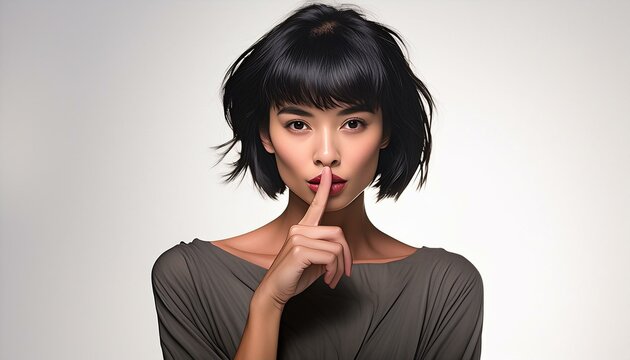Ritratto in studio di modella donna con i capelli corti neri  con il dito indice sulla bocca in segno di silenzio, su sfondo bianco