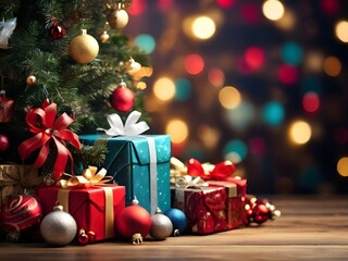 Christmas tree with gifts and ornaments against bokeh background