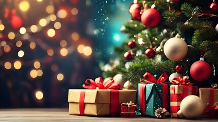 Christmas tree with gifts and ornaments against bokeh background