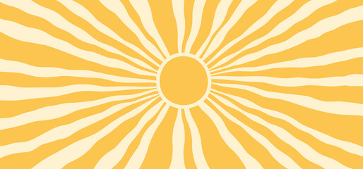 Sun groovy background, summer retro radial burst, yellow graphic wavy. Abstract trendy sunshine poster. Cartoon light beam print. Vintage boho pattern. Modern vector illustration © Sylfida