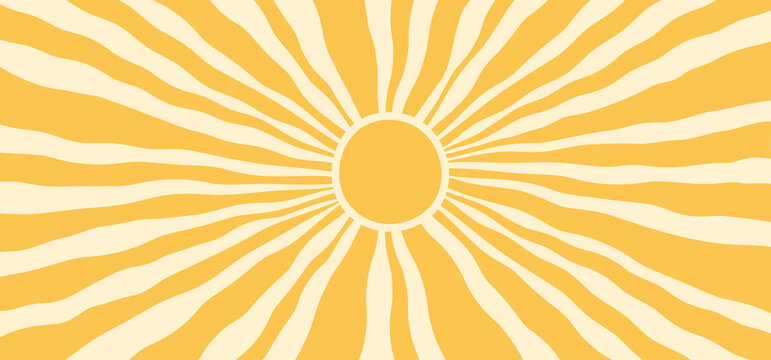 Sun groovy background, summer retro radial burst, yellow graphic wavy. Abstract trendy sunshine poster. Cartoon light beam print. Vintage boho pattern. Modern vector illustration