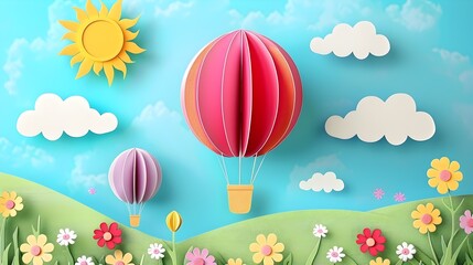 Fototapeta premium Colorful Paper Balloons Soaring In Whimsical Summer Landscape With Flowers And Clouds
