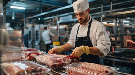 A technician inspecting packaged meat products for quality and safety before they are shipped to retailers and consumers , 