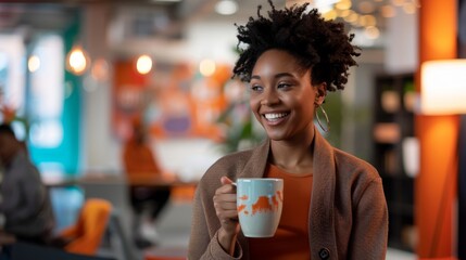 Young Woman Enjoying Coffee in a Modern Office - Generative AI