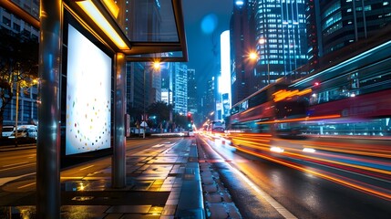 Glowing City Lights and Bustling Traffic at an Empty Poster Frame Bus Stop