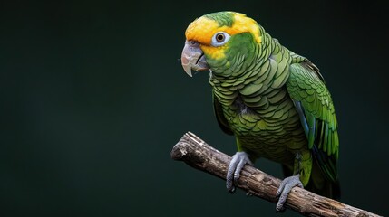 Obraz premium Portrait photography of Yellow-crowned Amazon bird catch standing on wood stick , studio shot isolated on single color background ,editorial style, shoot by DSLR .