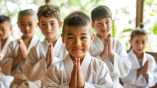Cheerful boys and girls in karate uniforms bowing respectfully at the end of a martial arts class.