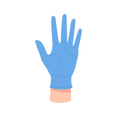 Hand of doctor in latex sterile blue glove, raised open palm vector illustration