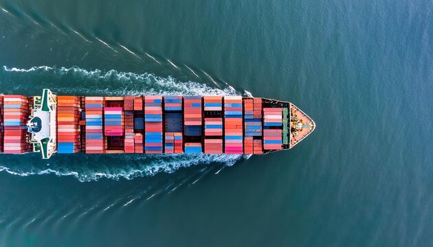 Aerial top view of a container ship carrying colorful containers in the sea for cargo transportation and business