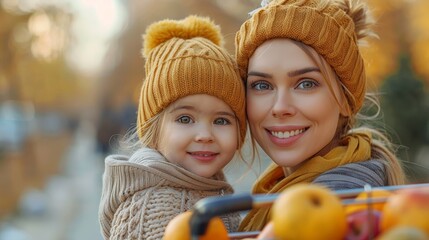 Obraz premium A Mother And Daughter Share A Warm Smile While Shopping For Autumn Produce. Generative AI