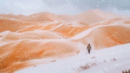 Fototapeta premium A lone explorer treks through a surreal snowy desert landscape, contrasting the warm sandy dunes against a cold, snowy foreground