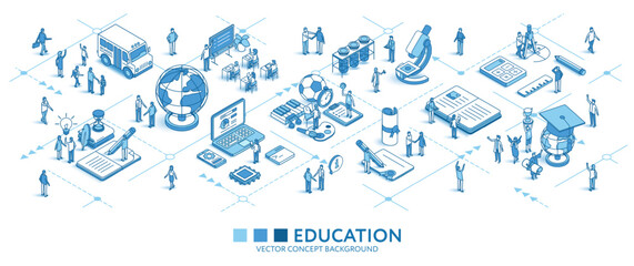 Knowledge, education isometric seamless pattern. Line 3d learn icons, people characters, arrow. School, University, business infograph. Vector background teamwork concept illustration. Student journey