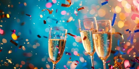 A group of champagne glasses are filled with champagne and are surrounded by colorful confetti. The scene is festive and celebratory, likely representing a party or special occasion