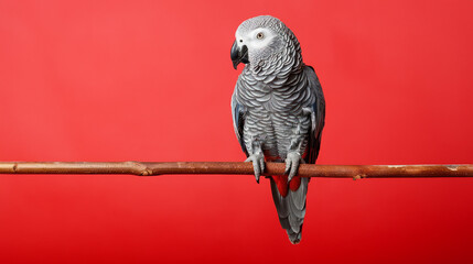 Obraz premium Portrait photography of African Grey Parrot bird catch standing on wood stick , studio shot isolated on single color background ,editorial style, shoot by DSLR .