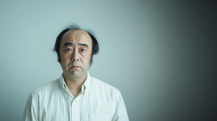 がっかりした悲しい表情のシニアのビジネスマン、会社で白シャツ姿で借金に悩む仕事とビジネス、老後の貧困に悩む男性_ハゲ・薄毛
