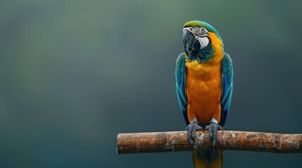 Portrait photography of Macaw (various species) bird catch standing on wood stick , studio shot isolated on single color background ,editorial style, shoot by DSLR .