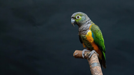 Portrait photography of Meyer's Parrot bird catch standing on wood stick , studio shot isolated on single color background ,editorial style, shoot by DSLR .
