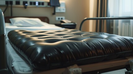 Material texture of an air mattress designed to reduce pressure and prevent bedsores A sanitized hospital bed equipped with a leather air mattress intended for patients with ulcers Essential