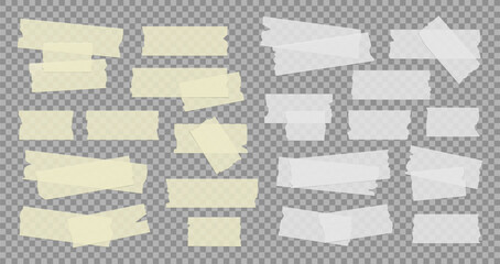 Vector set of white and yellow transparent adhesive tape. Duct tape strip. Torn pieces of masking tape isolated on transparent background.