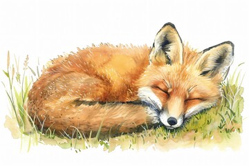 Naklejka premium Cute little fox curled up in a meadow Watercolor illustration